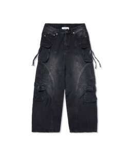 WASH BAGGY DENIM TROUSERS - BLACK